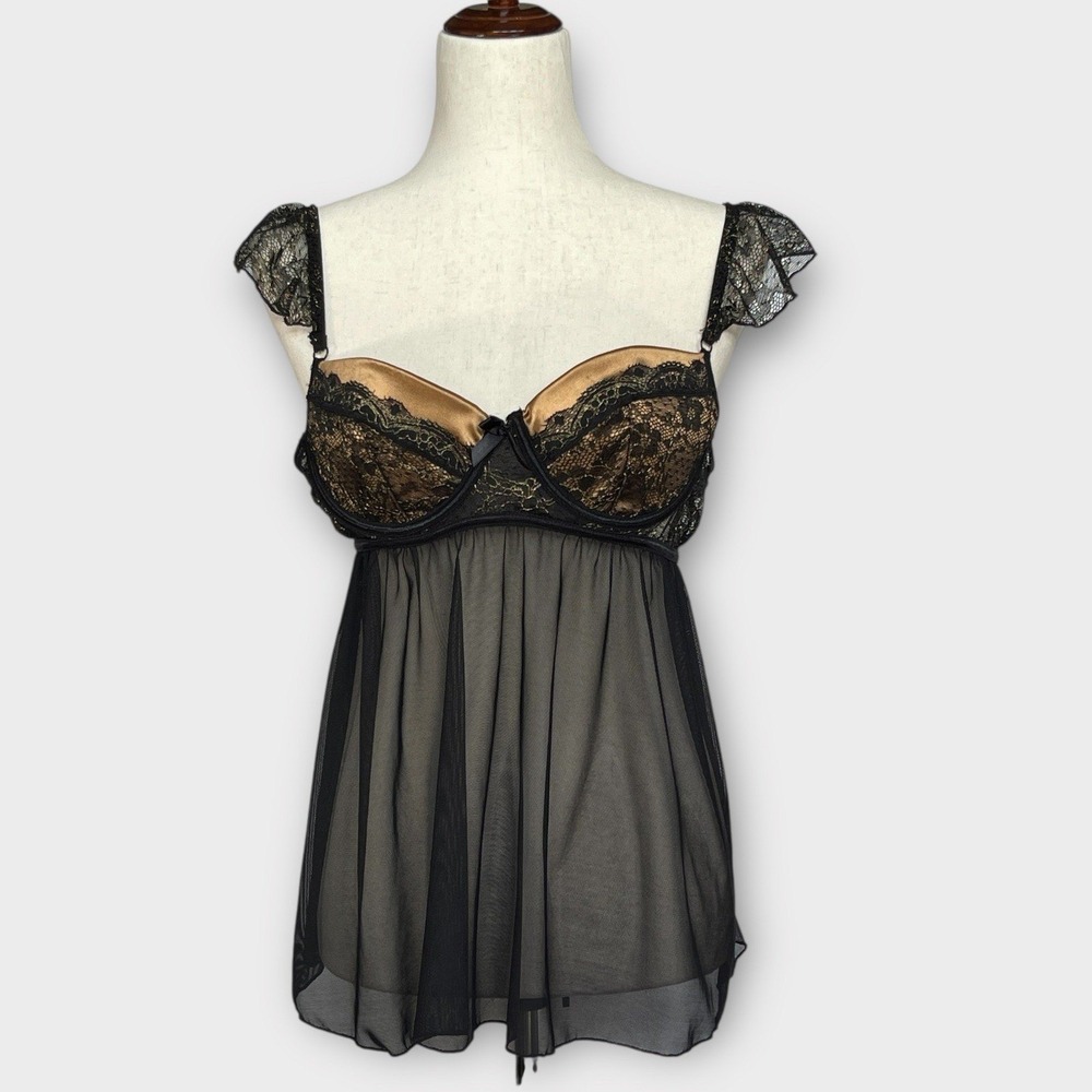 Fantasy Lingerie Black Gold Metallic Lace Sheer Mesh Babydoll Chemise L/XL